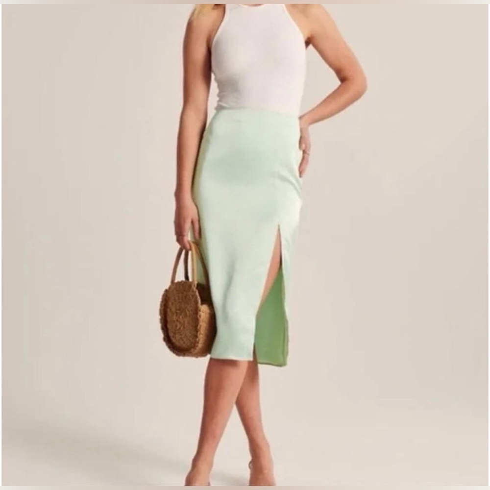 Abercrombie and Fitch Women's Mint Green Midi Skirt with Front Slit